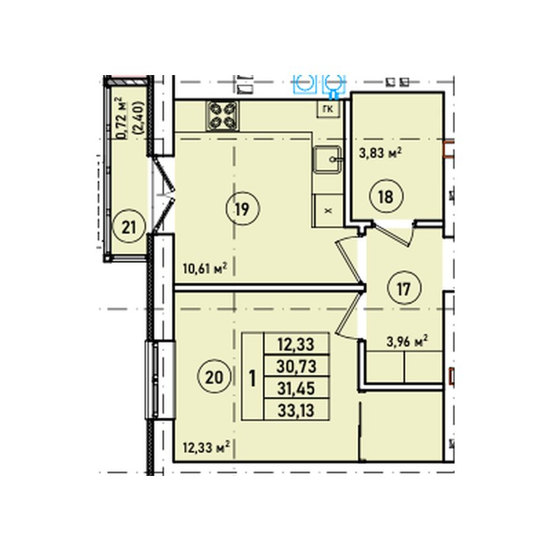 Планировка однокомнатной квартиры 31,45 м² в ЖК «Дом на Краковском»