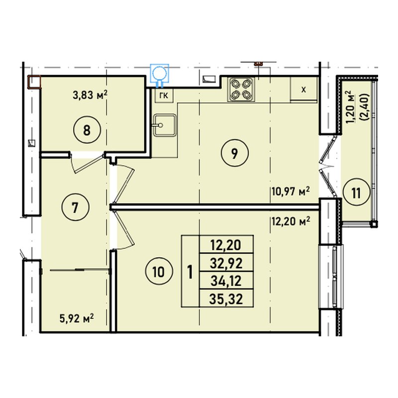 Планировка однокомнатной квартиры 34,12 м² в ЖК «Дом на Краковском»