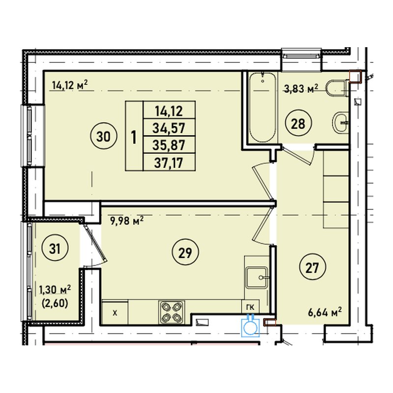 Планировка однокомнатной квартиры 35,87 м² в ЖК «Дом на Краковском»