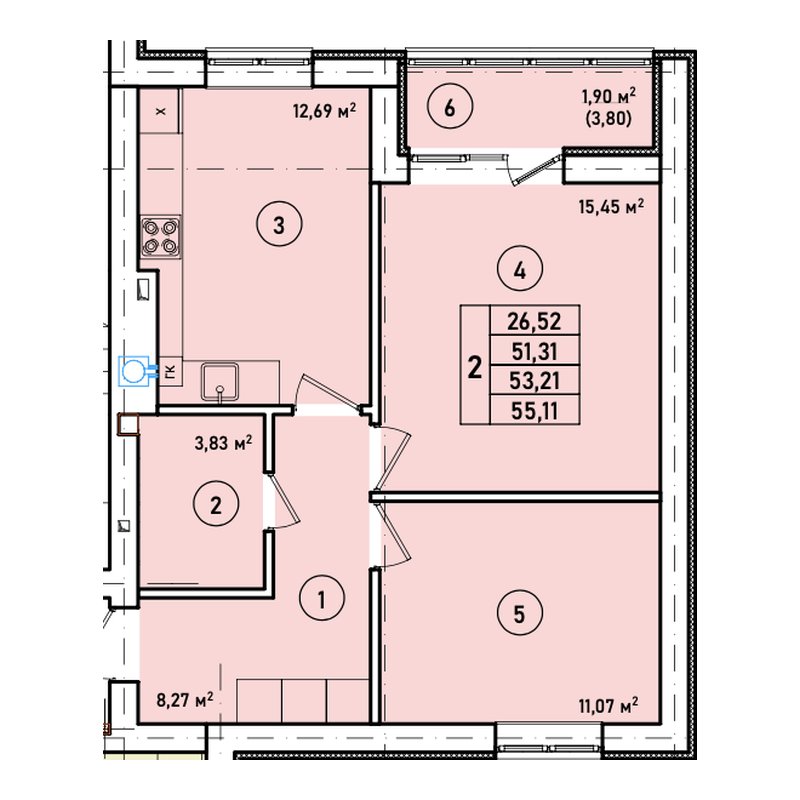 Планировка двухкомнатной квартиры 53,21 м² в ЖК «Дом на Краковском»