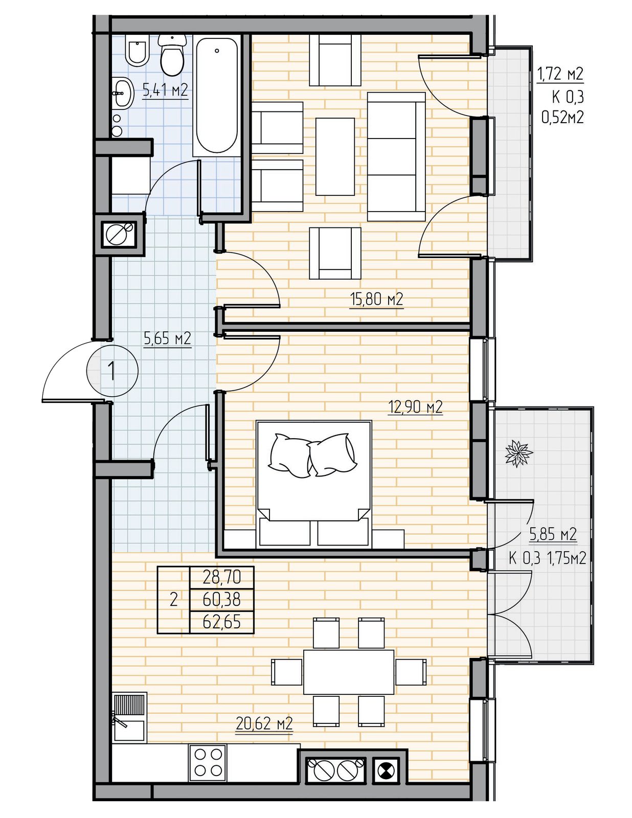 Планировка двухкомнатной квартиры в ЖК Фридланд, общая площадь 60,38 м²