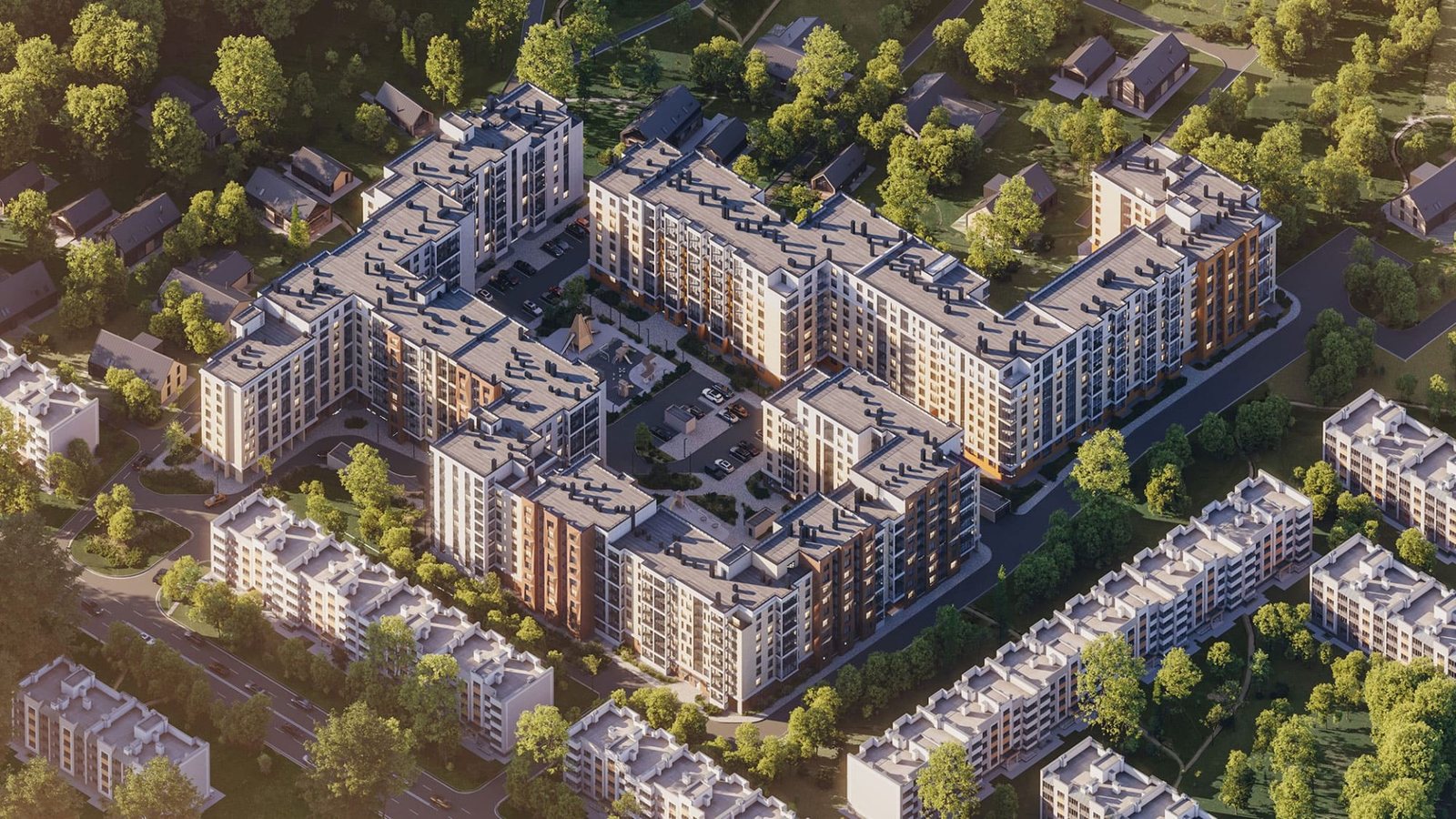Квартал ЖК «Луччи» среди зелени и малоэтажной застройки, вид с высоты, визуализация