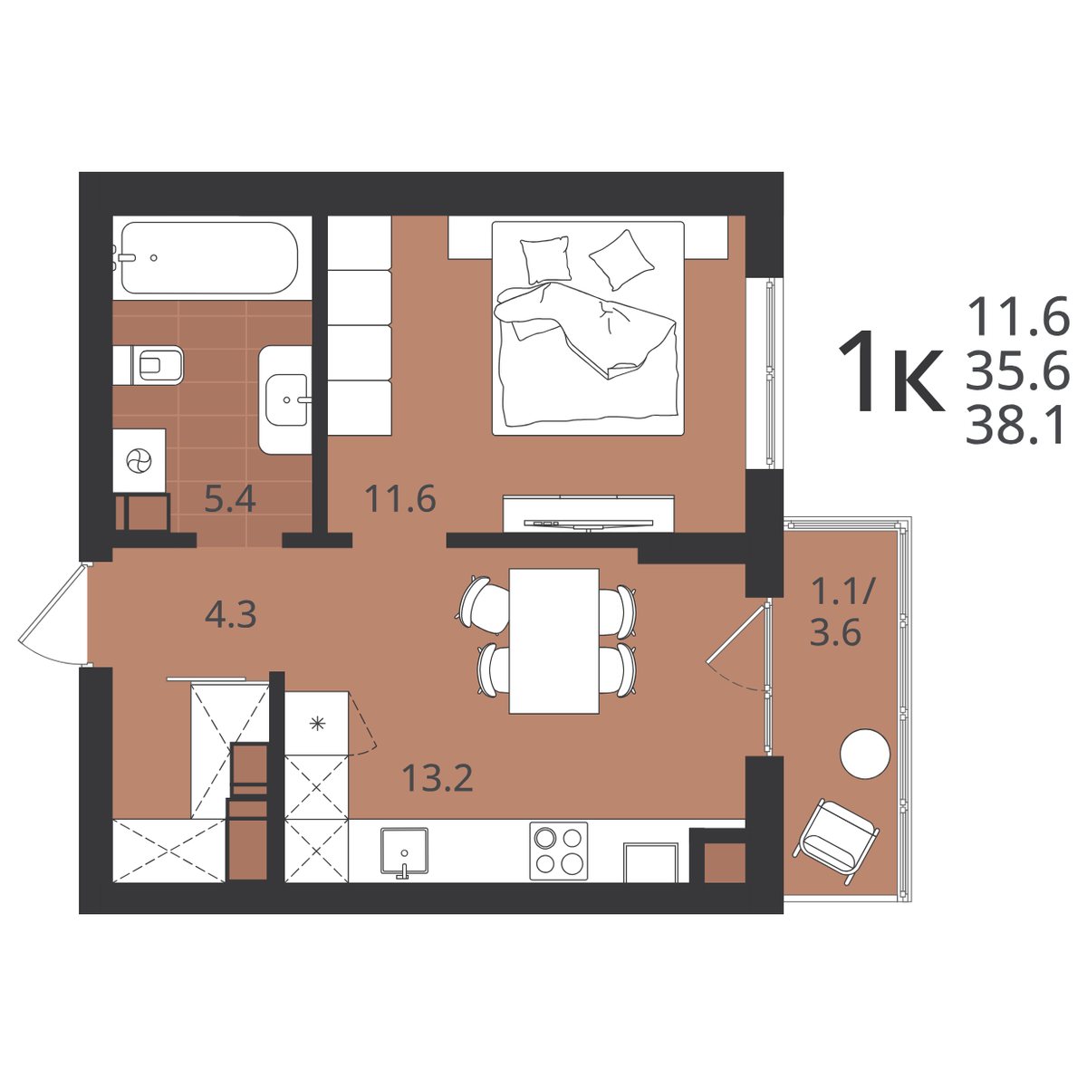 Планировка 1-комнатной квартиры 35,6 м² в ЖК «Луччи»