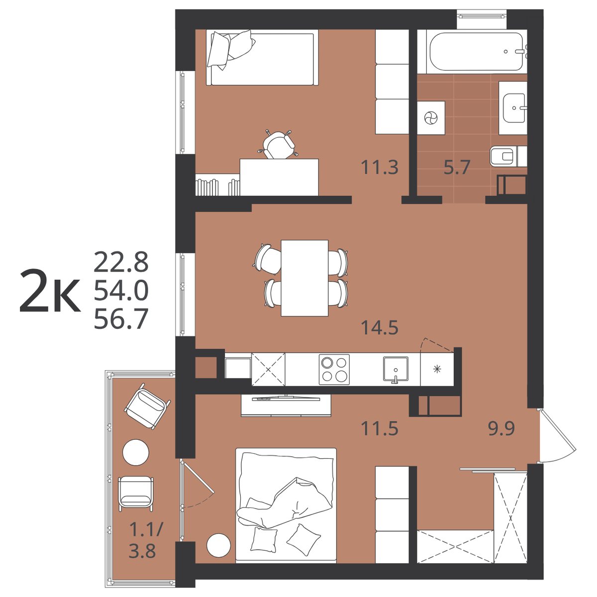 Планировка 2-комнатной квартиры 54,0 м² в ЖК «Луччи»