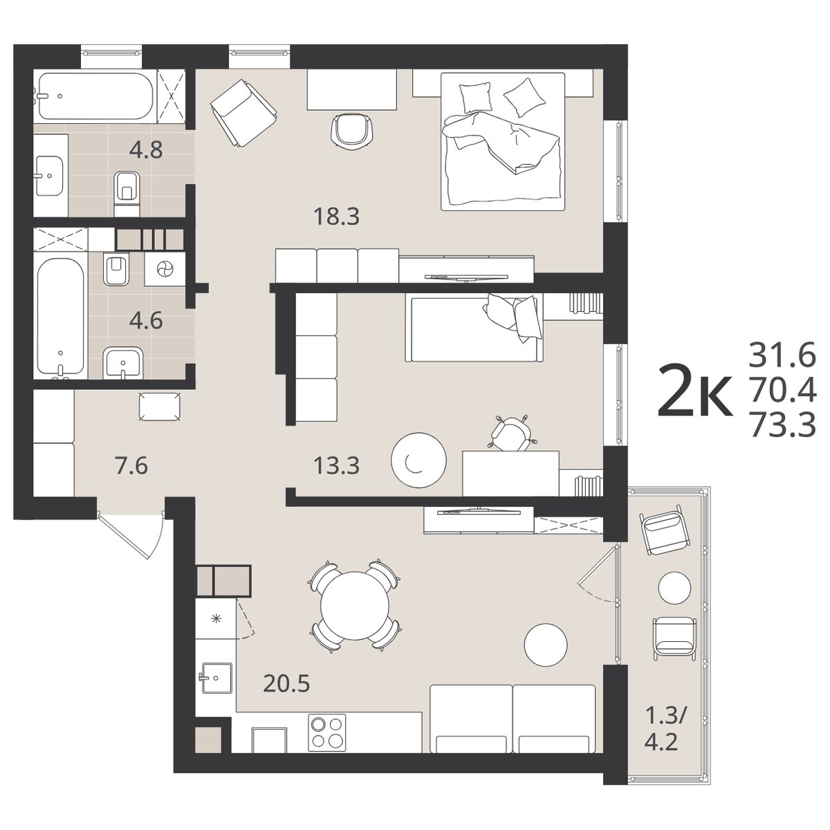 Планировка 2-комнатной квартиры 70,4 м² в ЖК «Луччи»