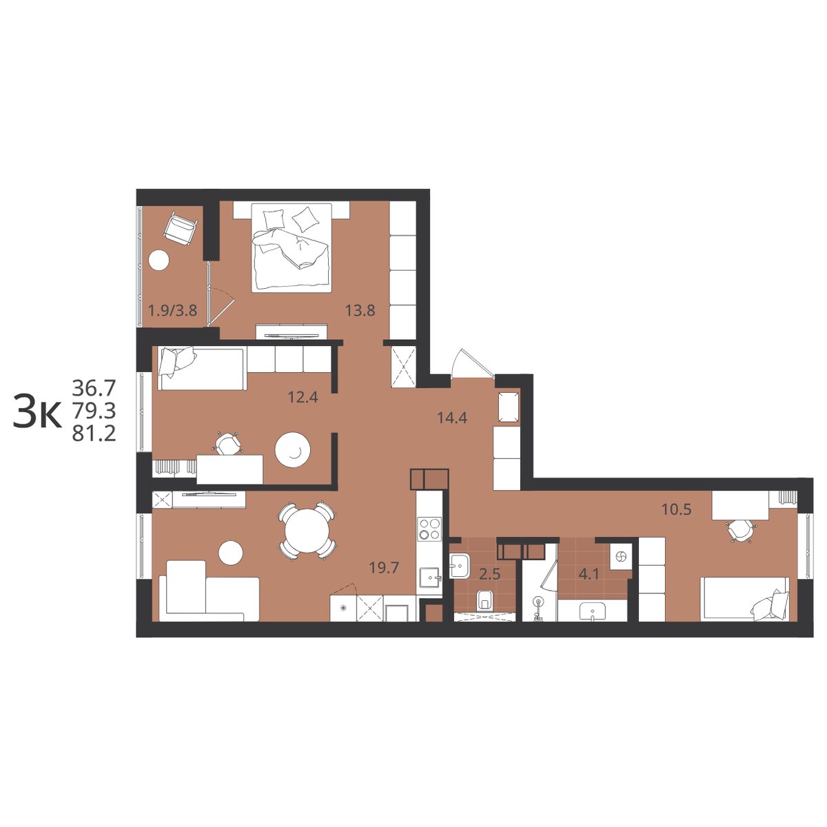 Планировка 3-комнатной квартиры 79,3 м² в ЖК «Луччи»