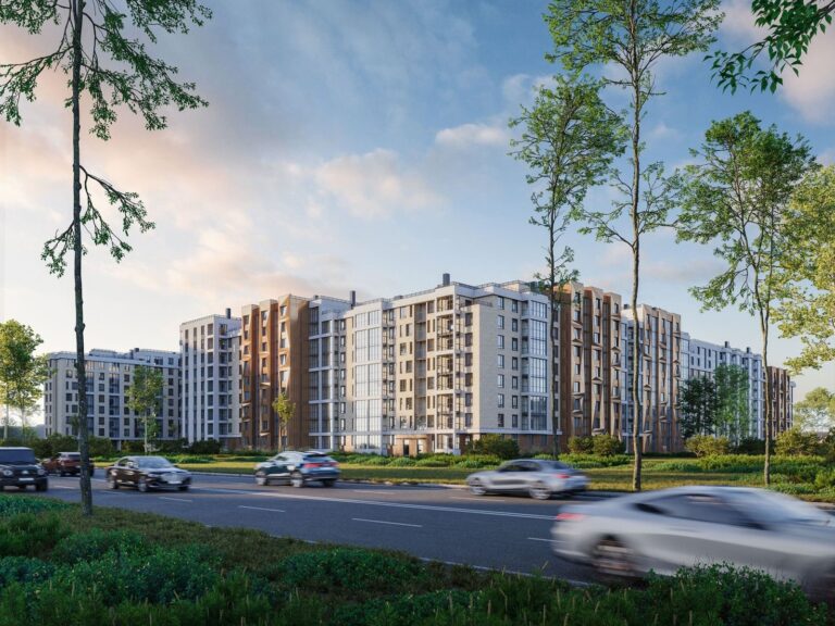 Дома ЖК «Луччи» вдоль улицы, вид с дороги на закате, визуализация