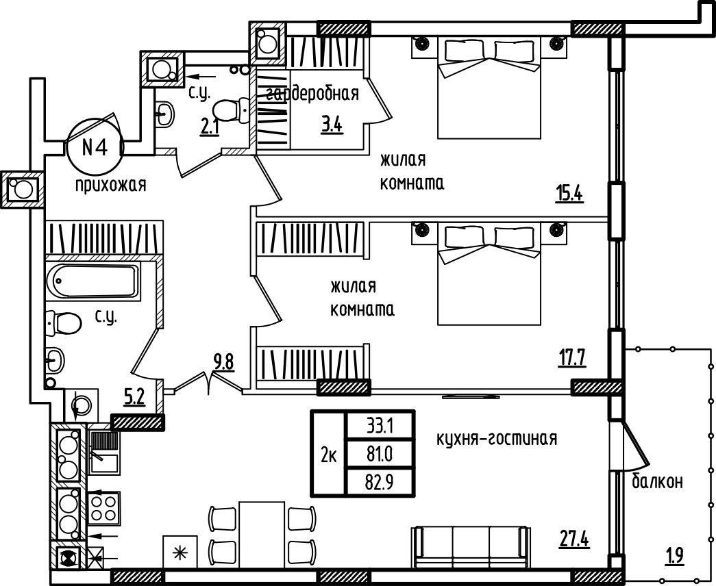 Планировка двухкомнатной квартиры 82,9 м² в доме 1 ЖК Теодор Кроне