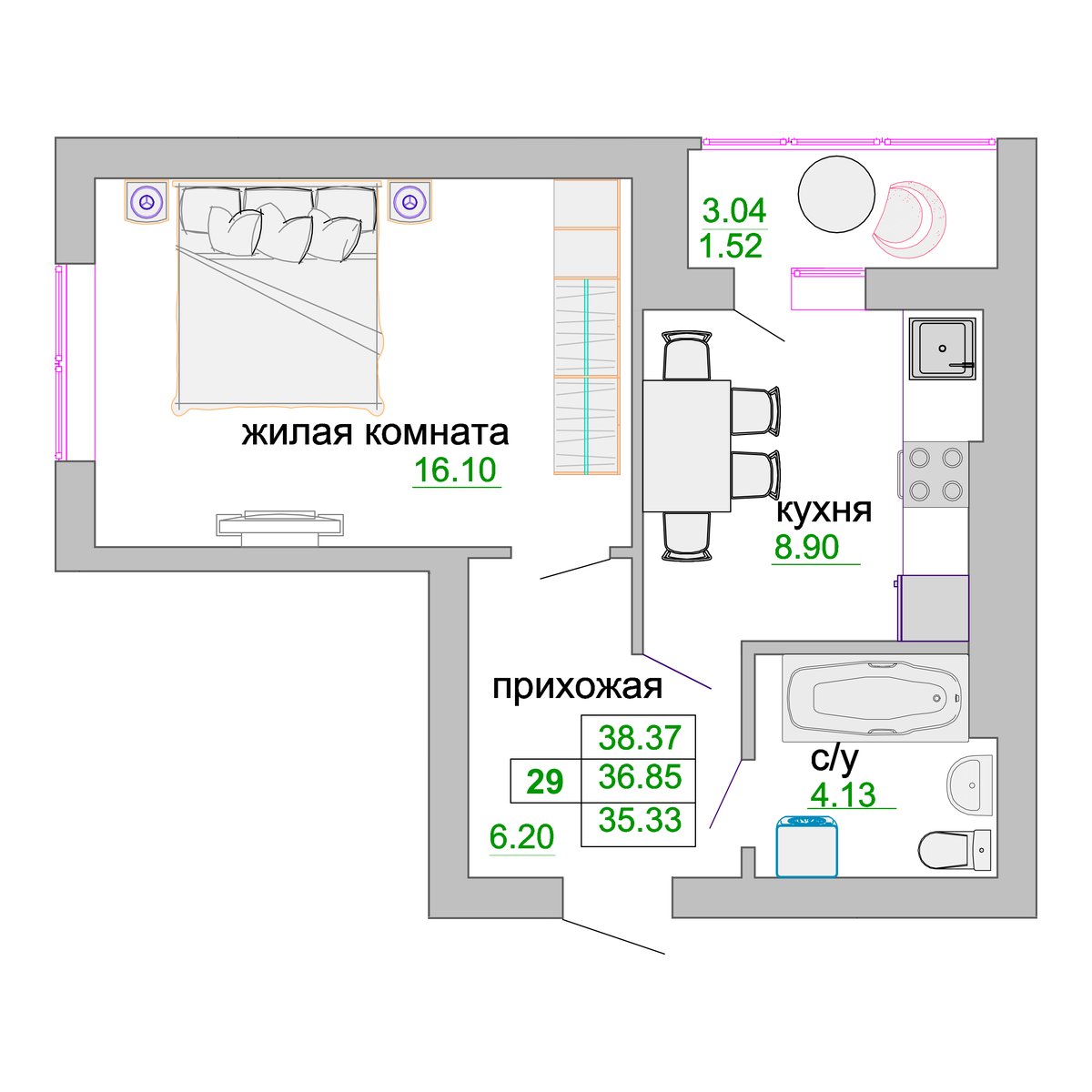 Планировка однокомнатной квартиры 36,85 м² в ЖК «Венецианский квартал»