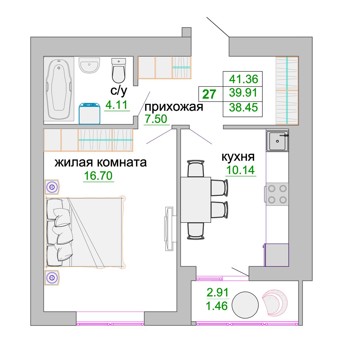Планировка однокомнатной квартиры 39,91 м² в ЖК «Венецианский квартал»
