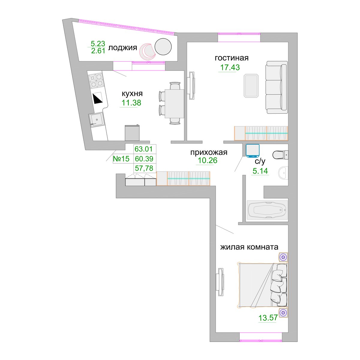 Планировка двухкомнатной квартиры 60,39 м² в ЖК «Венецианский квартал»
