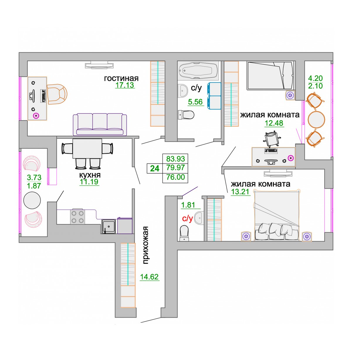 Планировка трехкомнатной квартиры 79,97 м² в ЖК «Венецианский квартал»